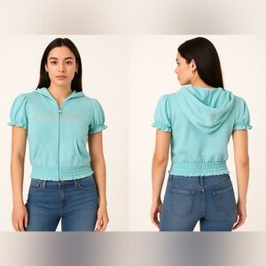 Bebe Vintage 90s Y2K Aqua Cotton Crystal Embellished‎ Zip Front Hoodie Sz. S